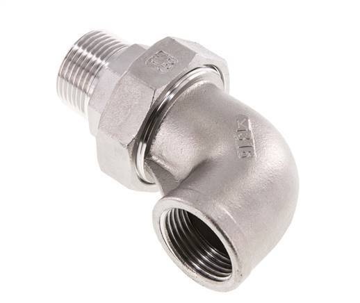 Conector de unión en ángulo de 90 grados 1'' macho R x hembra Rp Acero inoxidable Junta plana PTFE 16bar (224.8psi)