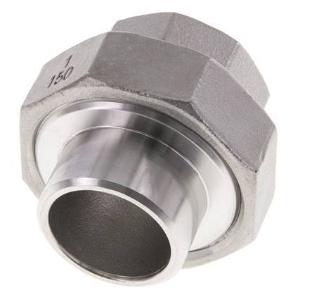 Racor recto de unión Rp1'' Hembra x 33,7mm Extremo para soldar Acero inoxidable Junta plana PTFE 150bar (2107,5psi)
