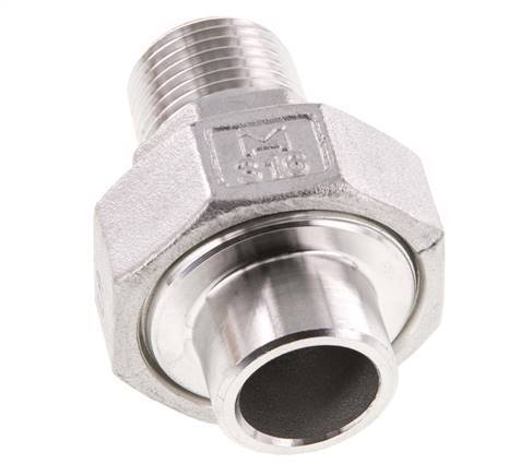 Racor recto de unión R1/2'' Macho x 21,3mm Extremo para soldar Acero inoxidable Junta plana PTFE 16bar (224,8psi)