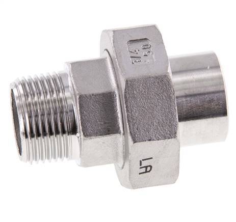 Racor recto de unión R3/4'' Macho x 26,9 mm Extremo para soldar Acero inoxidable Junta plana PTFE 16bar (224,8psi)