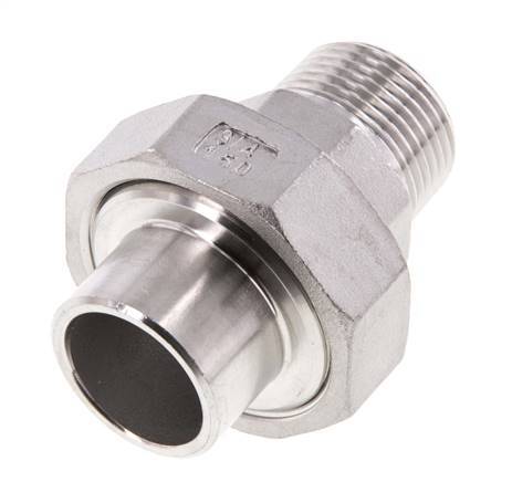 Racor recto de unión R3/4'' Macho x 26,9 mm Extremo para soldar Acero inoxidable Junta plana PTFE 16bar (224,8psi)