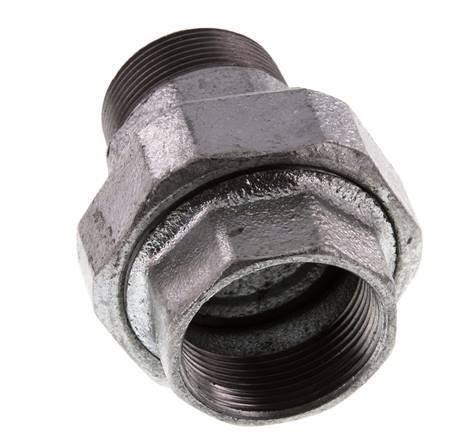 Rp 1 1/2'' x R 1 1/2'' F/M Zinc plated Cast iron Double Nipple 3-pieces with Flat sealing 25 Bar