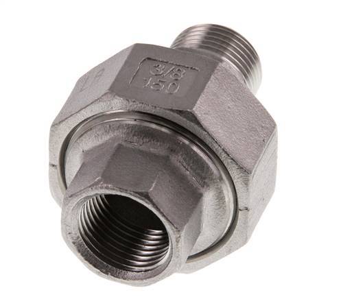 Rp 3/8'' x R 3/8'' F/M Espiga doble de acero inoxidable de 3 piezas con junta plana 16 Bar