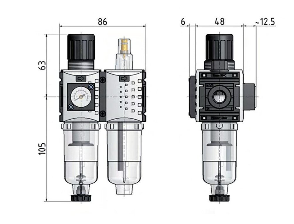 FRL 2-Part G1/4'' 800 l/min 0.5-8.0bar/7-116psi Auto (Closed Without Pressure) 40 mm Pressure Gauge Polycarbonate Futura 0