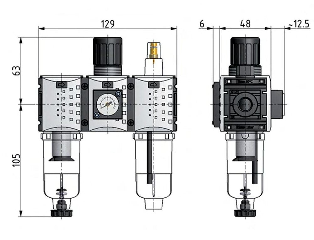 FRL 3-Part G1/4'' 800 l/min 0.5-10.0bar/7-145psi Semi-Auto 40 mm Pressure Gauge Metal Futura 0
