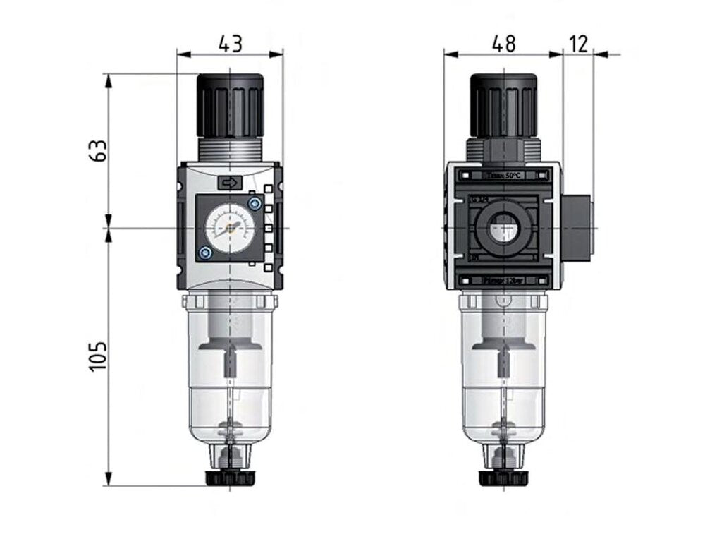Filter-Regulator G1/4'' 1000 l/min 0.2-4.0bar/3-58psi Semi-Auto 40 mm Pressure Gauge Metal Futura 0