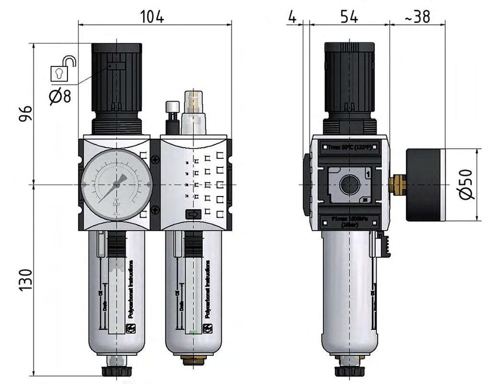 FRL 2 Partes G3/8'' 1750l/min 0.5-10.0bar/7-145psi Auto Policarbonato Futura 1