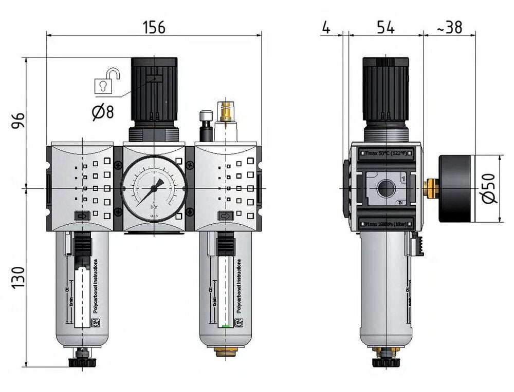 FRL 3-Part G1/4'' 1750 l/min 0.1-2.0bar/1-29psi Semi-Auto Polycarbonate Futura 1