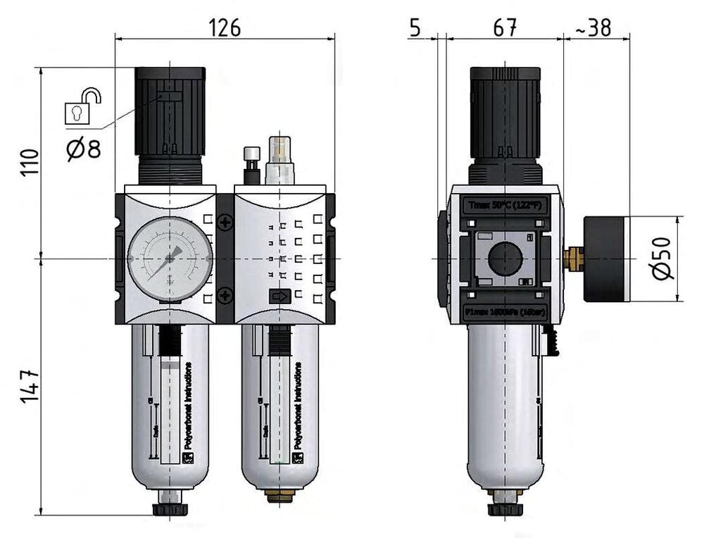 FRL 2 Partes G3/8'' 3500l/min 0.5-8.0bar/7-116psi Semi-Automático Policarbonato Futura 2