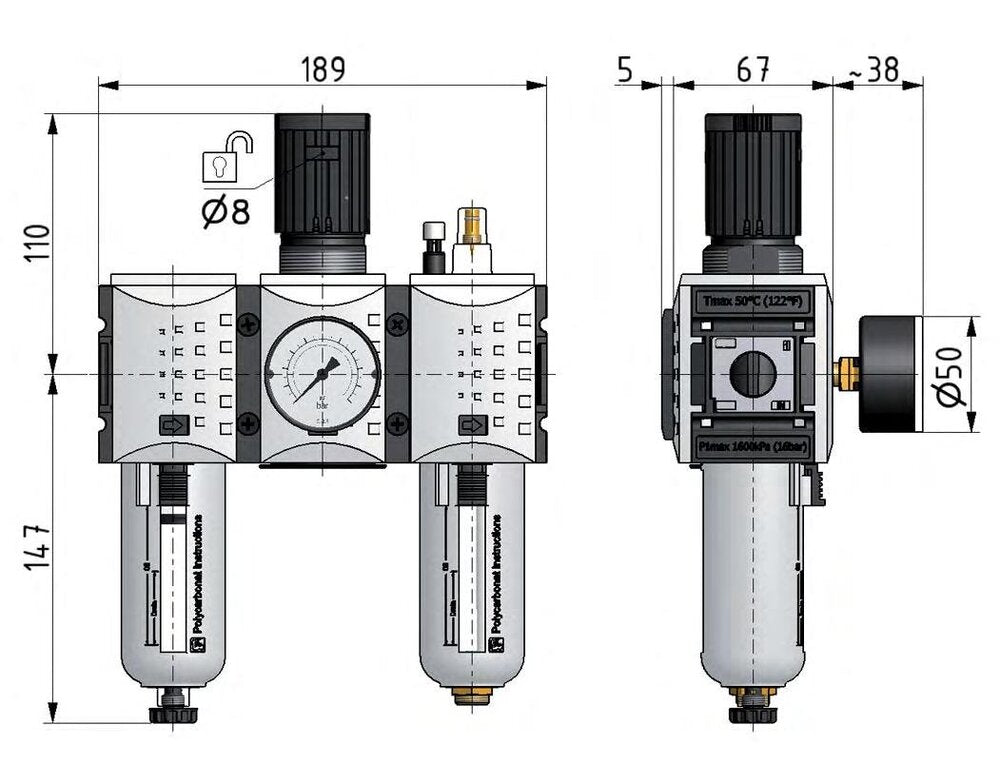 FRL 3-Part G1/2'' 3500 l/min 0.1-1.0bar/1-14psi Auto Polycarbonate Futura 2