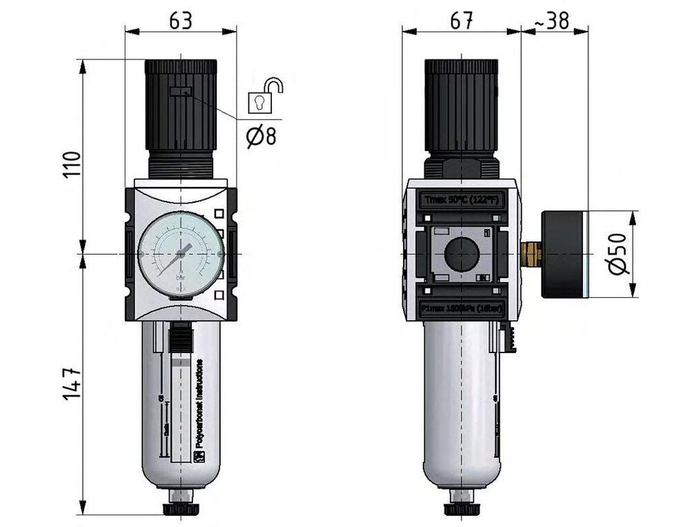Filter-Regulator G1/2'' 5200 l/min 0.5-8.0bar/7-116psi Auto Metal Futura 2