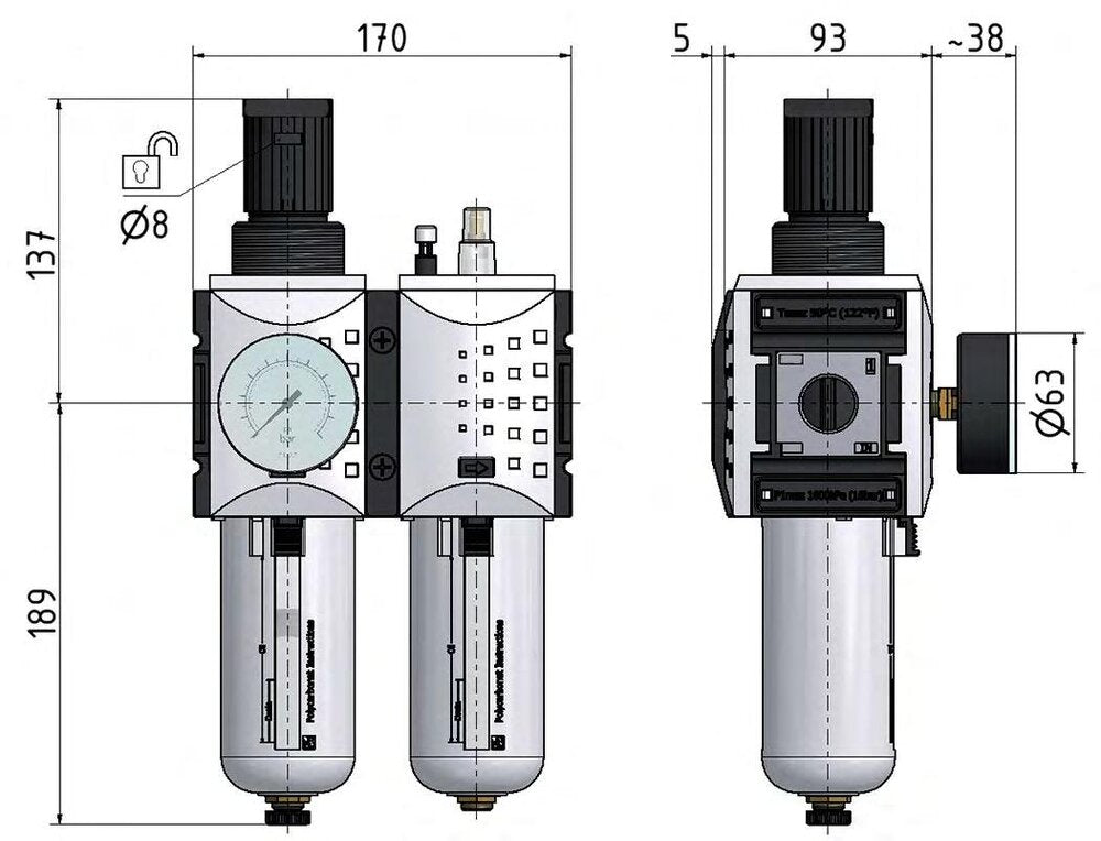 FRL 2-Part G1'' 12000 l/min 0.5-10.0bar/7-145psi Semi-Auto Polycarbonate Futura 4