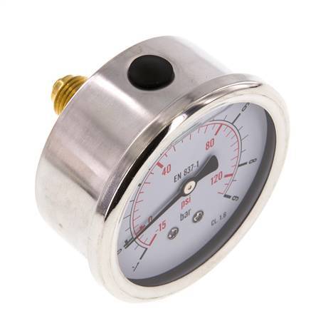 -1..9 Bar (-15..131 psi) Glycerin Pressure Gauge Rear Stainless steel/Brass 63 mm Class 1.6