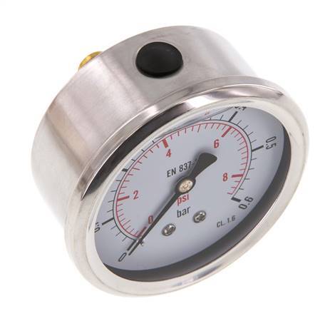 0..0.6 Bar (0..9 psi) Glycerin Pressure Gauge Rear Stainless steel/Brass 63 mm Class 1.6