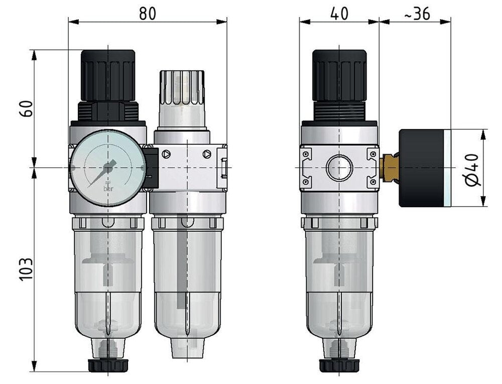 FRL 2-Part G1/4'' 700 l/min 0.5-10.0bar/7-145psi Auto (Closed Without Pressure) 40 mm Pressure Gauge Polycarbonate Multifix 0