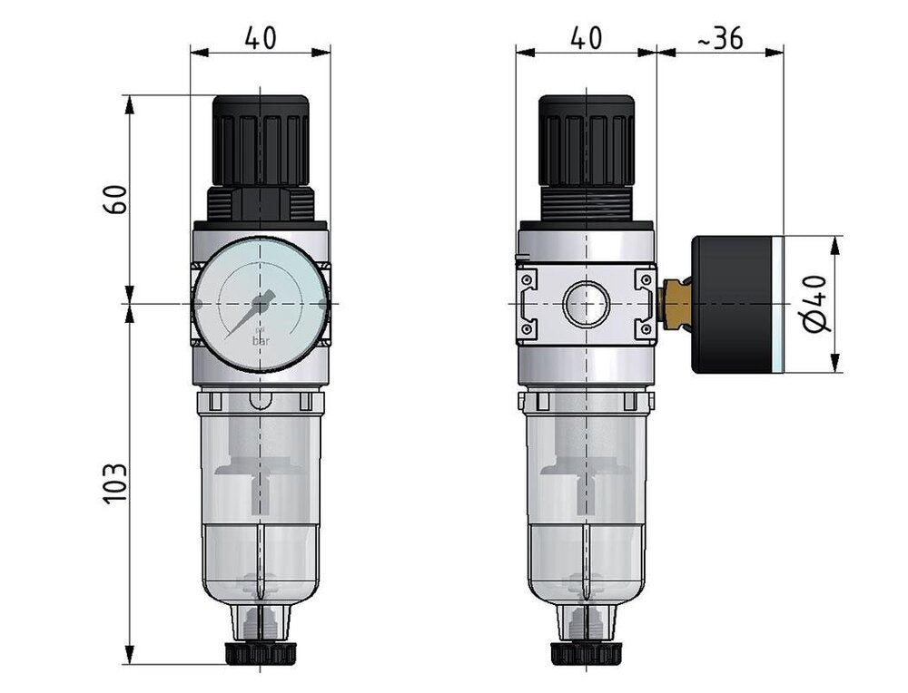 Filter-Regulator G1/4'' 1450 l/min 0.1-3.0bar/1-44psi Auto (Closed Without Pressure) 40 mm Pressure Gauge Polycarbonate Multifix 0