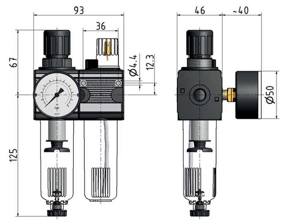 FRL 2 Partes G1/4'' 1200l/min 0.5-10.0bar/7-145psi Jaula Protectora Automática Policarbonato Multifix 1