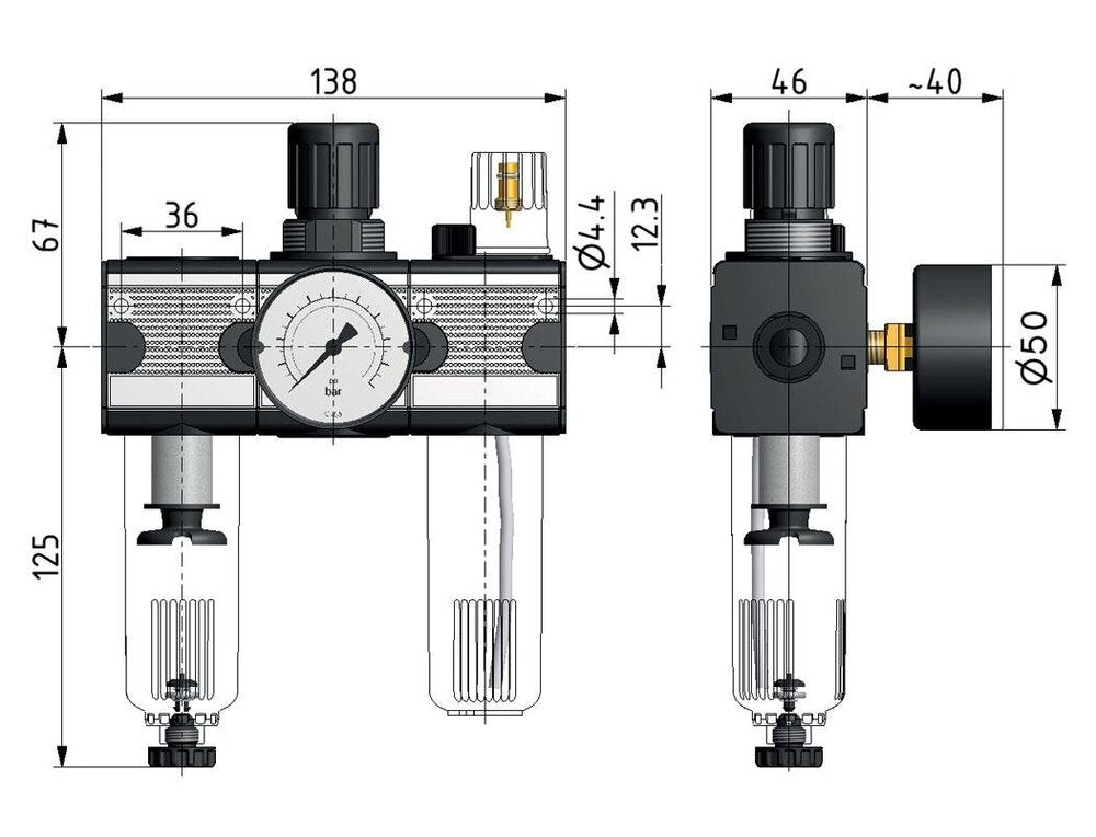 FRL 3-Part G1/4'' 1200 l/min 0.5-16.0bar/7-232psi Semi-Auto Metal Multifix 1