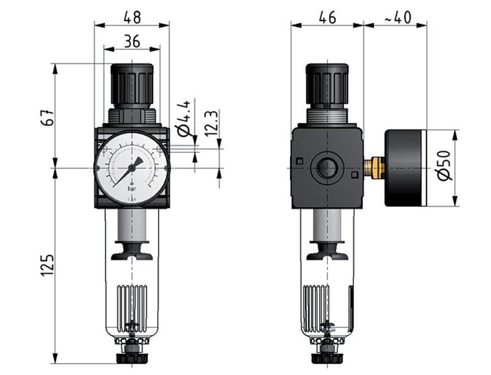 Filtro regulador G1/4'' 1600l/min 0,1-3,0bar/1-44psi Jaula de protección Multifix 1