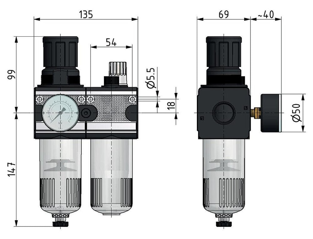FRL 2 Partes G1/2'' 5800l/min 0.5-10.0bar/7-145psi Auto Policarbonato Multifix 2