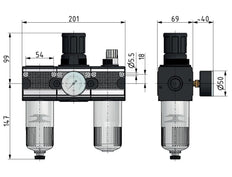 FRL 3-Part G3/4'' 5800 l/min 0.2-6.0bar/3-87psi Semi-Auto Polycarbonate Multifix 2