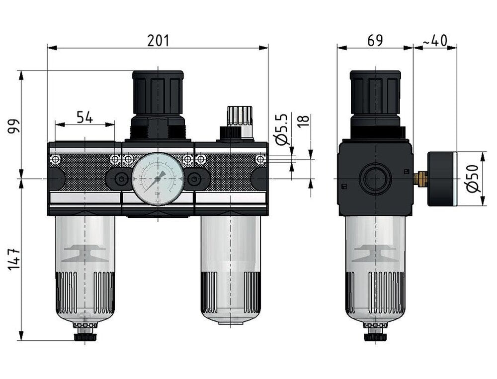 FRL 3 Partes G1/2'' 5800l/min 0.5-10.0bar/7-145psi Jaula de Protección Semiautomática de Policarbonato Multifix 2
