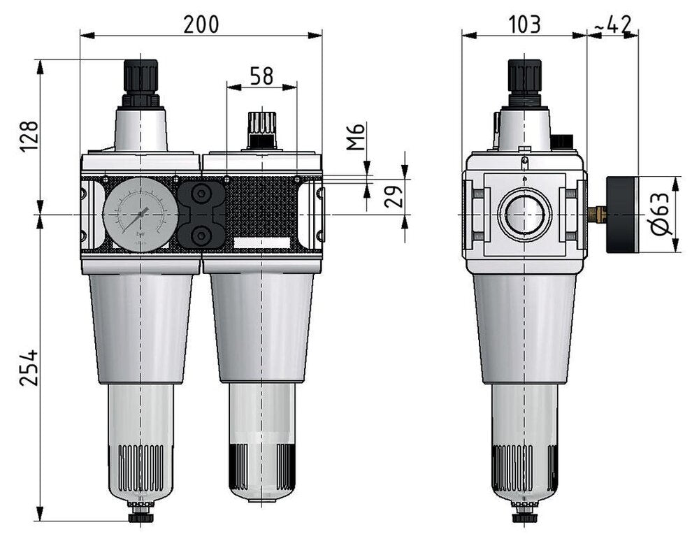 FRL 2-Part G1'' 13500 l/min 0.2-6.0bar/3-87psi Auto Polycarbonate Multifix 5