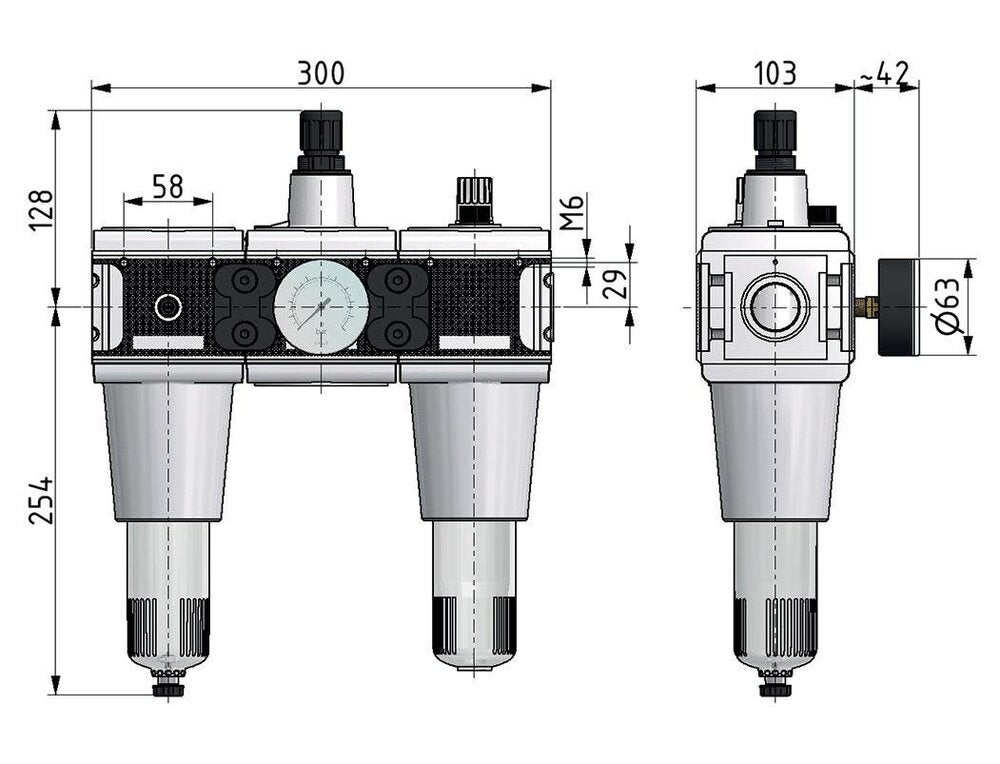 FRL 3 Partes G3/4'' 13500l/min 0.2-6.0bar/3-87psi Semi-Auto Policarbonato Multifix 5