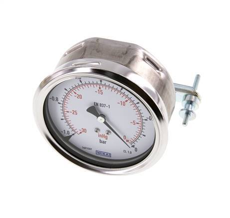 -1..0 Bar (-15..0 psi) Panel Mount Pressure Gauge Steel/Brass 100 mm Class 1.0 (Bracket)