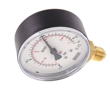 -1..0.6 Bar (-15..9 psi) Pressure Gauge Below Plastic/Brass 63 mm Class 2.5