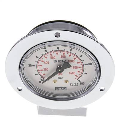0..100 Bar (0..1450 psi) Panel Mount Pressure Gauge Steel/Brass 63 mm Class 2.5 (Front Panel)