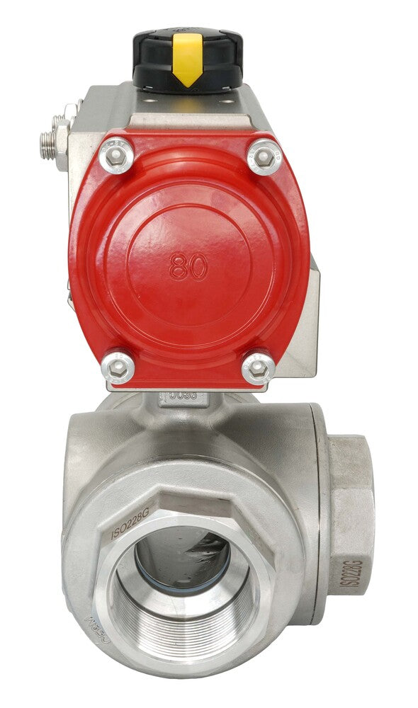 3-Way Pneumatic Ball Valve G1 1/2'' L-bore Brass Double Acting