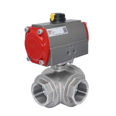 3-Way Pneumatic Ball Valve G1 1/2'' T-bore Stainless Steel Spring Closing