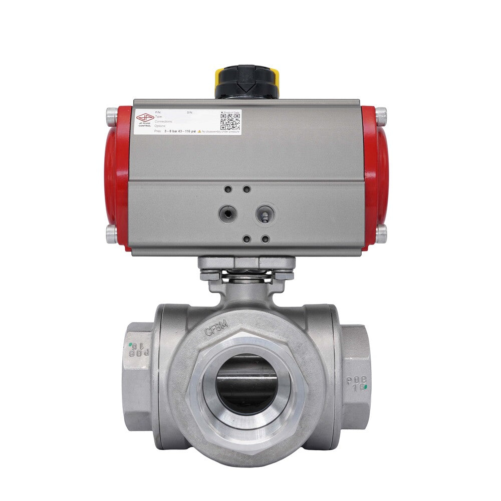 3-Way Pneumatic Ball Valve G1'' L-bore Stainless Steel Double Acting