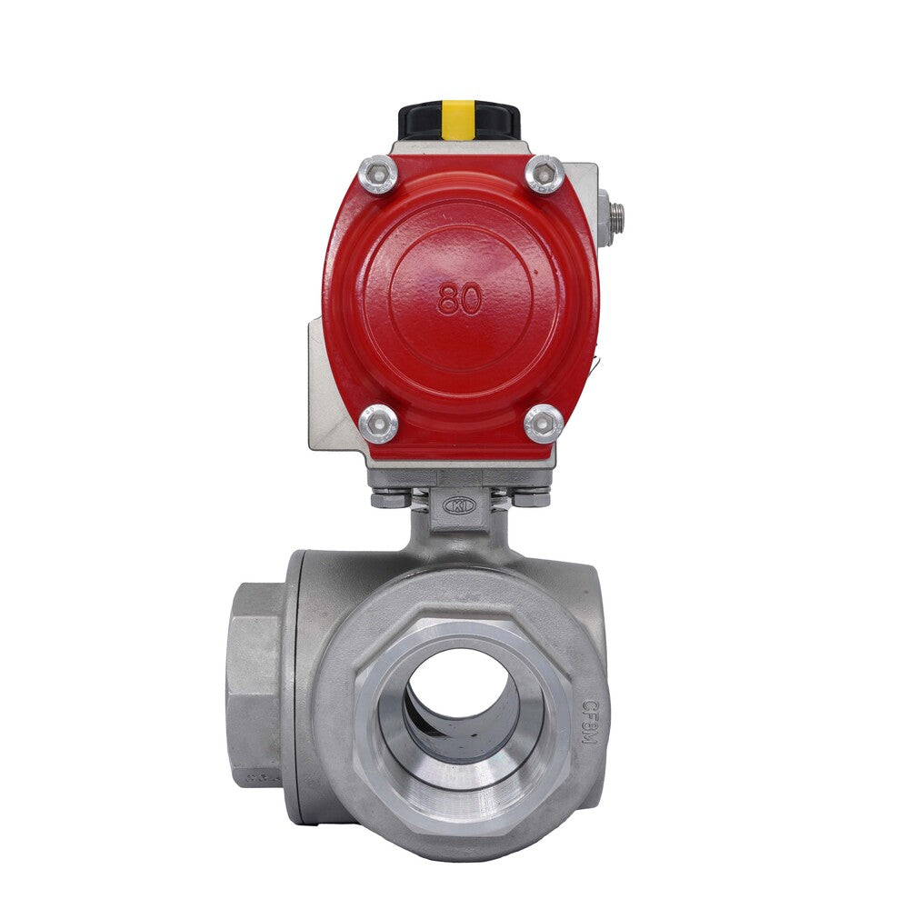 3-Way Pneumatic Ball Valve G1'' L-bore Stainless Steel Double Acting