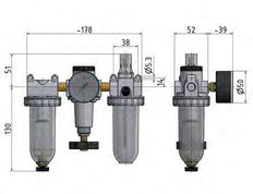 FRL 3-Part G1/4'' 600 l/min 0.5-10.0bar/7-145psi Semi-Auto Polycarbonate Standard 1