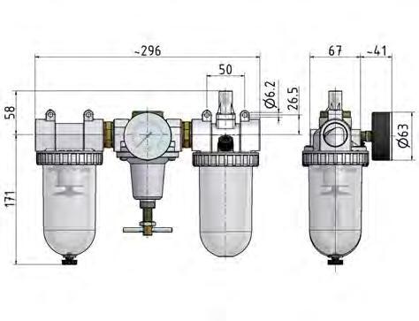 FRL 3-Part G1'' 3200 l/min 0.5-16.0bar/7-232psi Auto Polycarbonate Standard 3