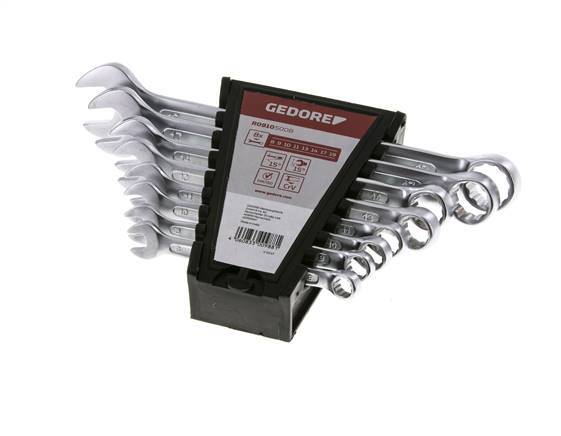8 - 19mm Gedore Red 8-piece Set of Open End Wrenches With 15 Degrees Angled Box End