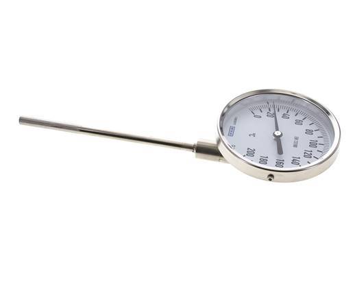 0 to +200°C Stainless Steel Bimetallic Thermometer 100mm Cabinet 160mm Stem Bottom