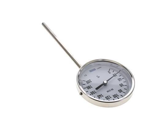 0 to +200°C Stainless Steel Bimetallic Thermometer 100mm Cabinet 160mm Stem Bottom