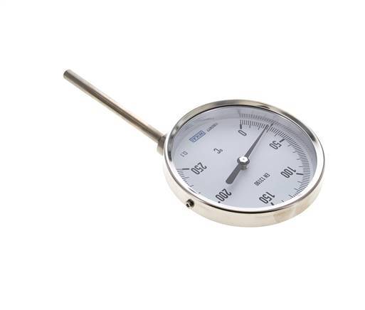 0 to +250°C Stainless Steel Bimetallic Thermometer 100mm Cabinet 100mm Stem Bottom