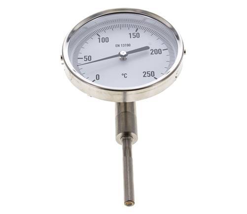 0 a +250°C Termómetro bimetálico de acero inoxidable Gabinete de 100mm Fondo de vástago de 63mm