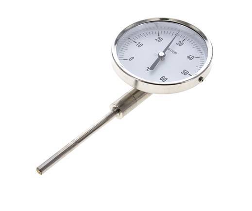 0 to +60°C Stainless Steel Bimetallic Thermometer 100mm Cabinet 100mm Stem Bottom